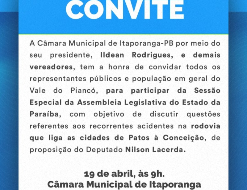 Cmara de Itaporanga recebe nesta sexta-feira (19) sesso especial da Assembleia Legislativa do Estado da Paraba